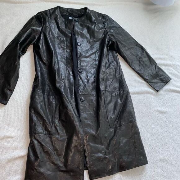 Dawn Levy Black Cropped Sleeve Leather Midi Jacket | Sz S - Picture 2 of 4